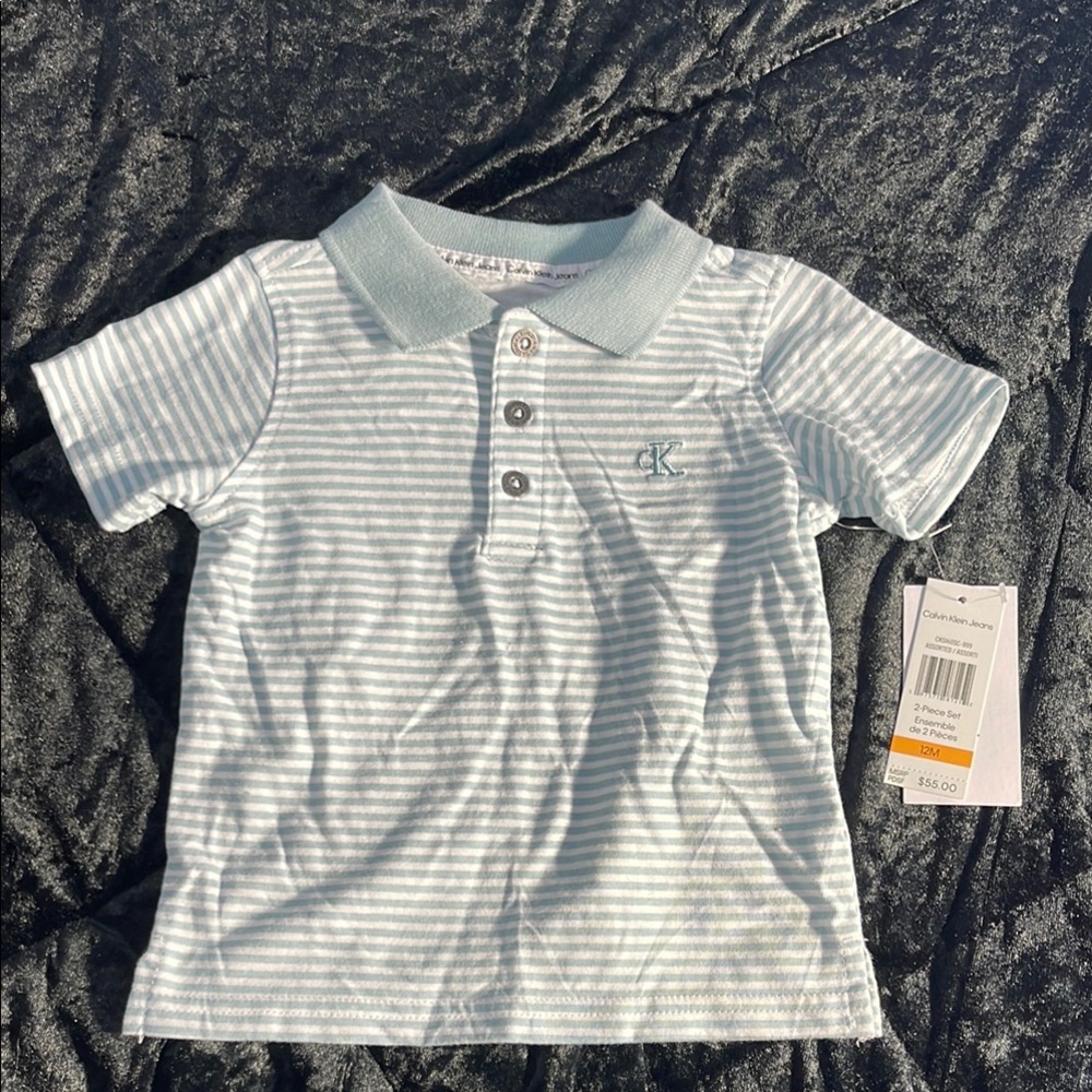 Calvin Klein Blue and White Striped Polo Shirt